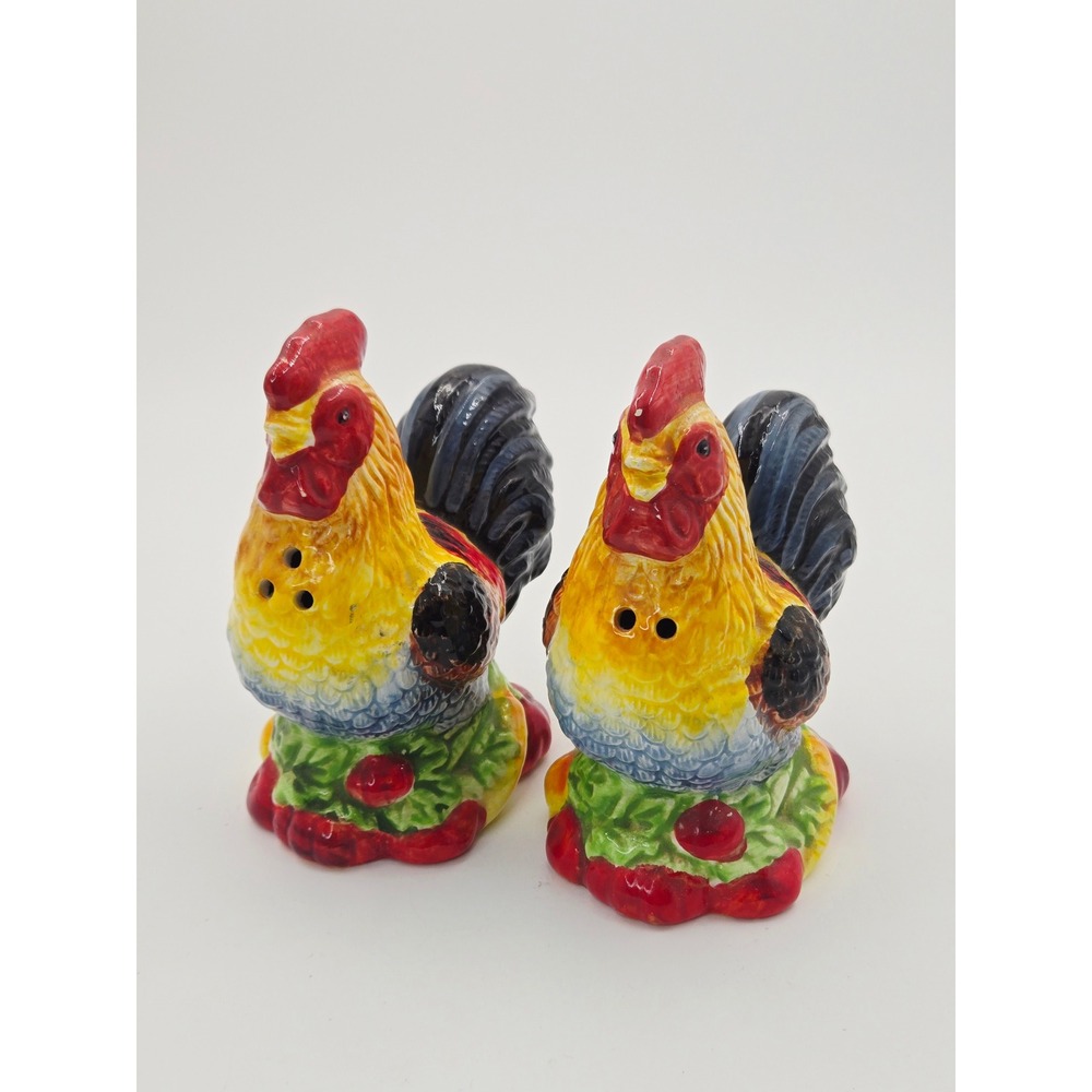 Ceramic Rooster Salt and Pepper Shaker Set Colorful Farmhouse Kitchen Decor 4.5"